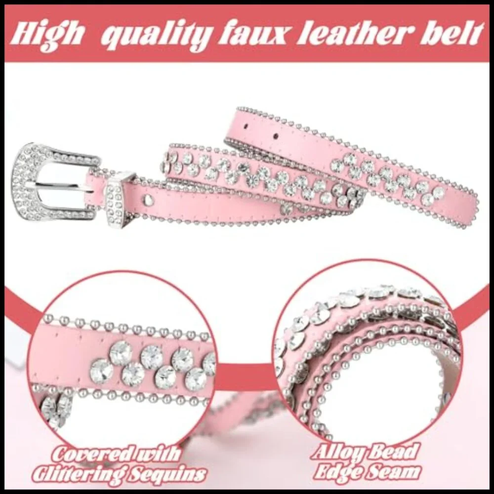 2 Pcs Kids Rhinestone Belt Girls Western Cowboy Belt with Bling Diamond Studded